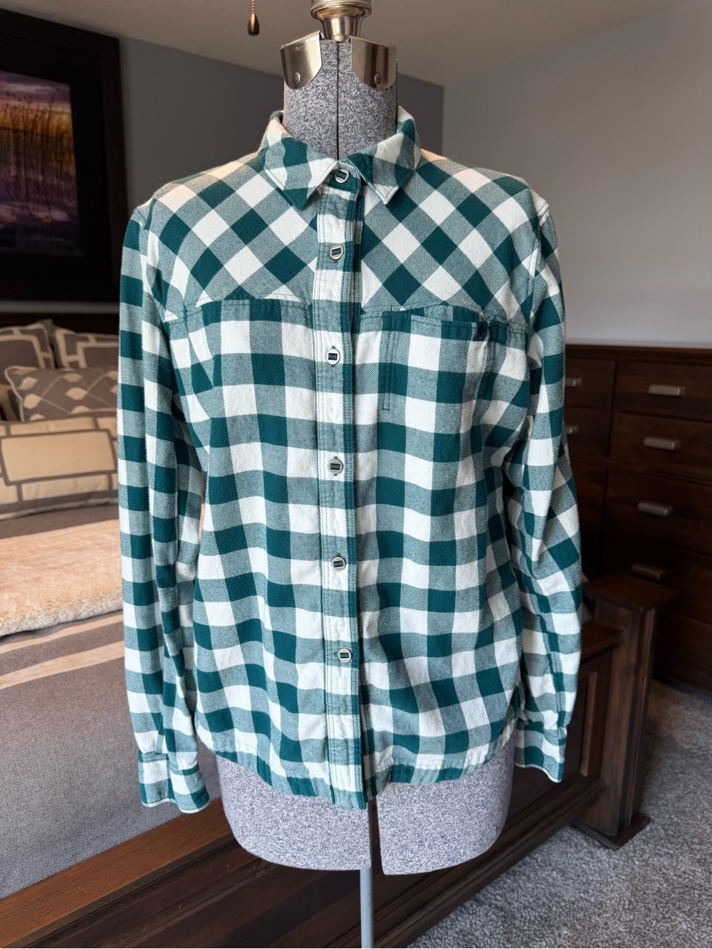 Black Diamond Green and White Buffalo Check Button-Up Shirt.